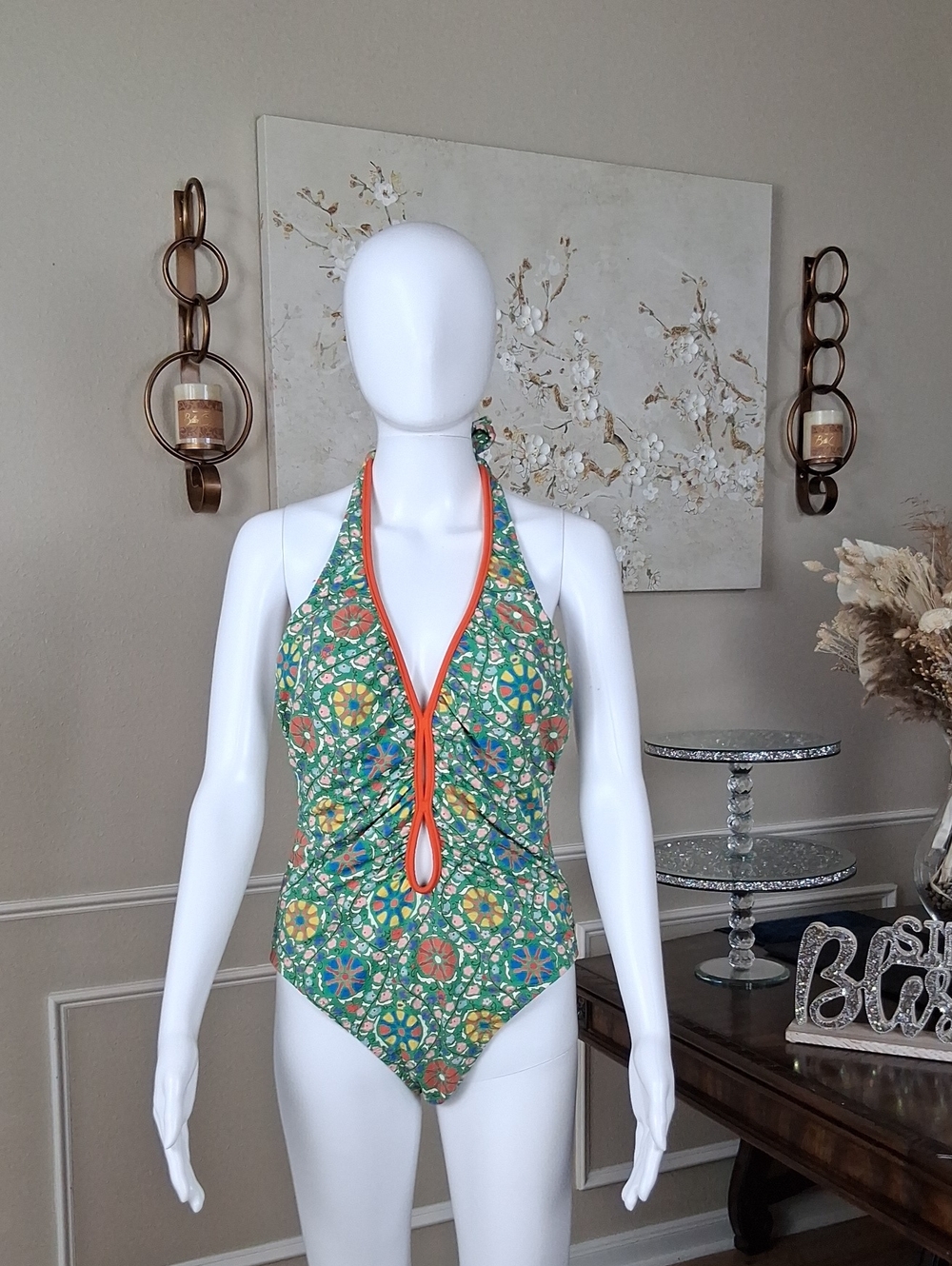 Women's Green Mosaic Halter V Neck One-Piece Swimsuit with Coral Trim Large - Picture 8 of 16